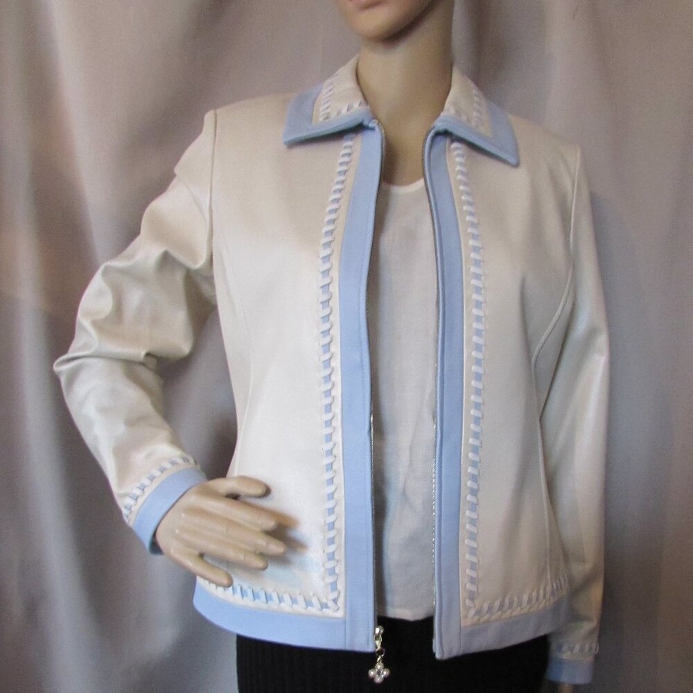 SALE St John Sport Leather Jacket Cream and Blue